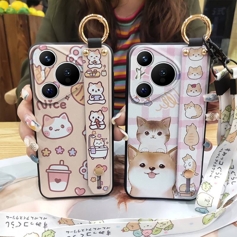 Protective Kickstand Phone Case For Huawei P70 Pro/Pura 70 Pro+ Wrist Strap Shockproof Dirt-resistant Cartoon Cute Ring