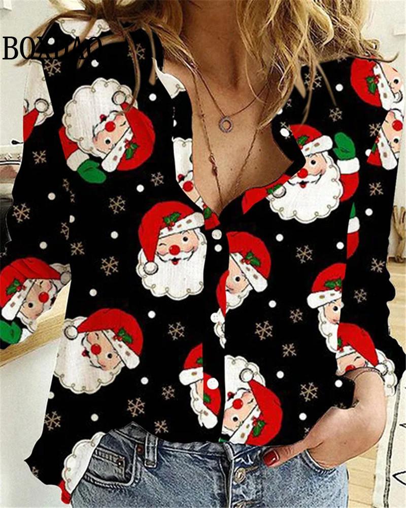 New Women's Blouses Christmas 3D Printed Shirts Autumn Winter Fashion Long Sleeve Funny Cute Santa Claus Casual Button Tops