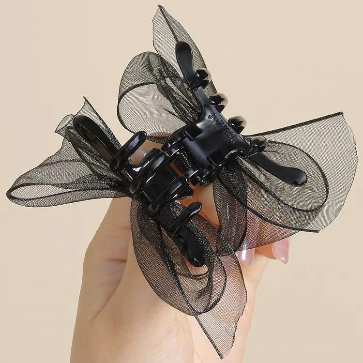 

Small Black Mesh Bow Double Claw Hair Clip for Half Up Bun Hairstyles