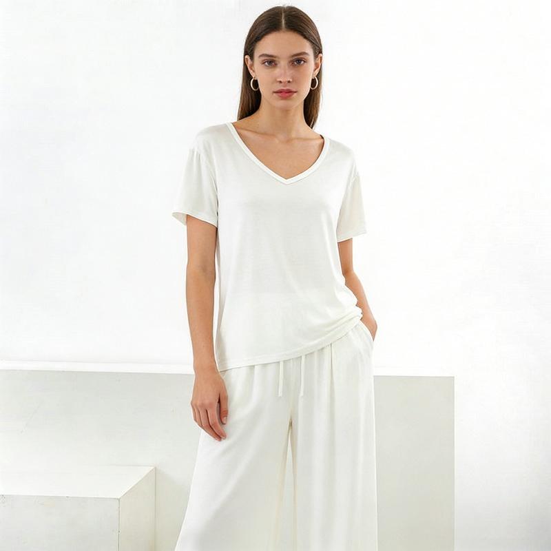 Modal Homewear 2pcs Pajamas Set Short Sleeve Tops and Trousers Solid Color Casual Loose Sleepwear Suit Plus Size Nightwear