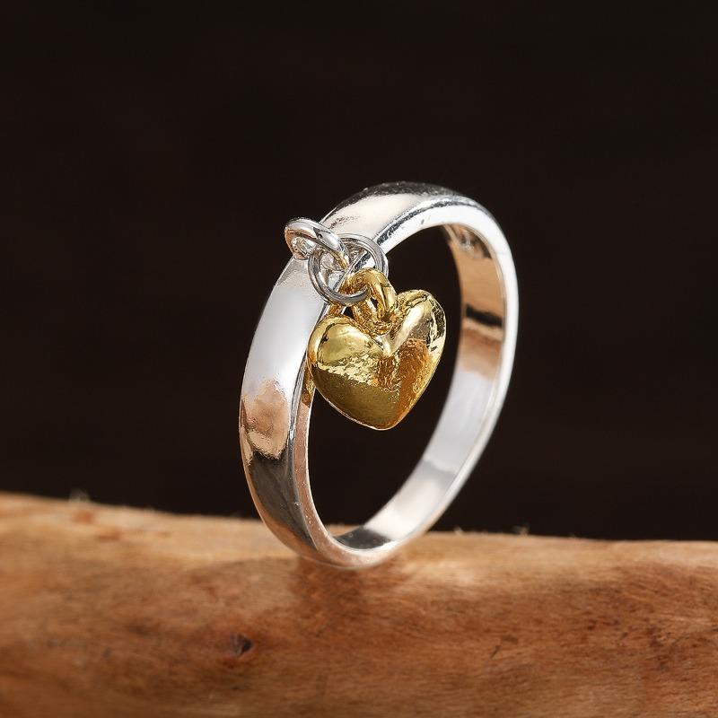 Vintage Silver Color Rings for Women Trendy Inlaid with Gold Heart Round Personalized Creativity Party Rings Jewelry