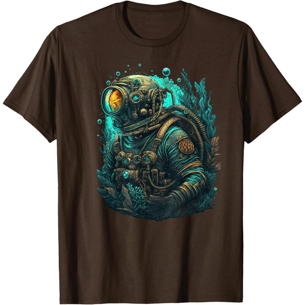 Steampunk Deep Sea Diver Graphic Tee Retro Scuba Suit Print Mens Casual Tshirt
