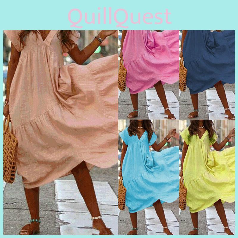 Elegant Women Fashion Maxi Dress Short Sleeve Solid Color Casual Boho Kaftan