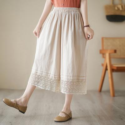 Summer Loose Slim Casual Lace Patchwork Seven or Eight Pants Wide Leg Skirt