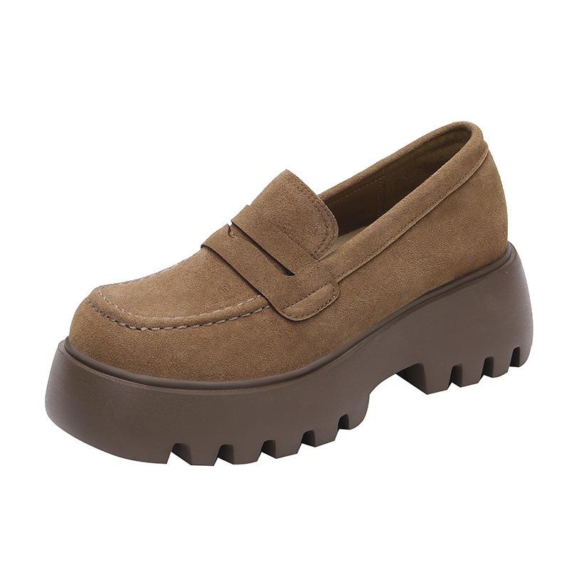 Echtes Leder Retro Braun Mattleder Vielseitige kleine Lederschuhe Dicke Sohle Erhöhende Einzelschuhe Damen