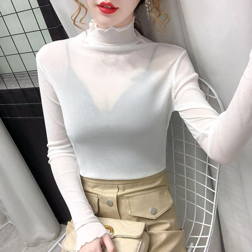 Lace Base Shirt Women's Long Sleeved Mesh Inner Top High Neck T-shirt Gauze Jacket