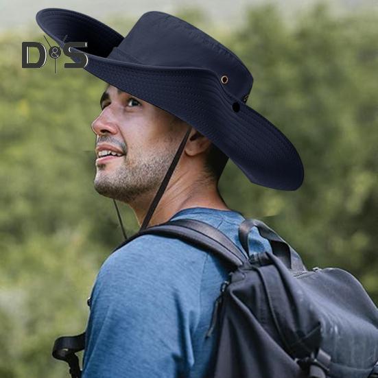 Men Fisherman Hat Flat Top Wide Brim Breathable Sun Hat Adjustable Windproof Drawstring Sun Protection Hat