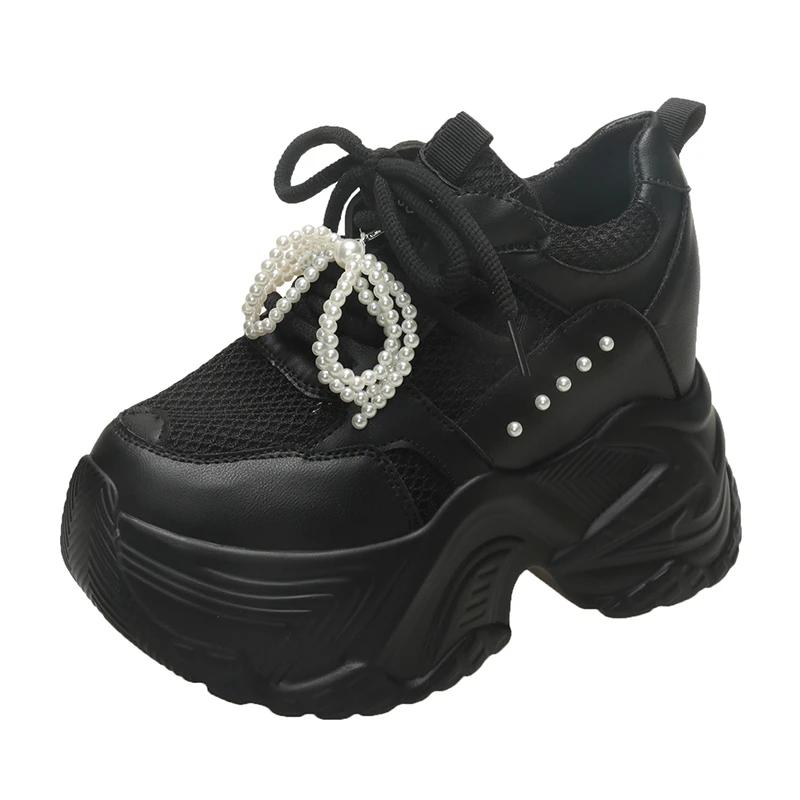 Fashion 10CM Women's Mesh Dad Shoes Thick Bottom Platform Sneakers New 2025 Summer Casual High Heel Sport Shoes Breathable Pearl Loafers