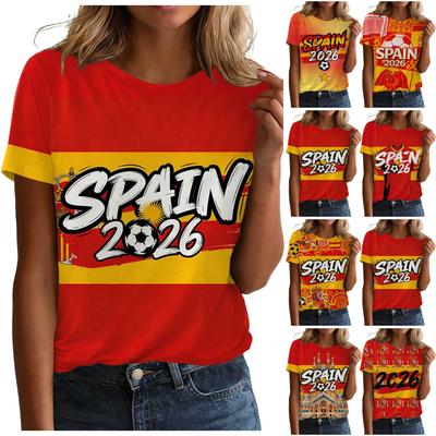 Women Casual Pullover T Shirt Short Sleeve Crew Neck Letter Print Top for Spain 2026 Soccer Support Fans