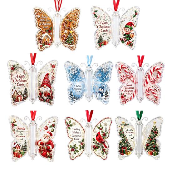 Geschenke für Familie Freunde Schmetterling Bargeldgeschenk Schmuckstück, Weihnachts-Geldhalter Hängende Dekoration mit festlichem Urlaubs-Haus-Druck, Acryl-Baum-Anhänger
