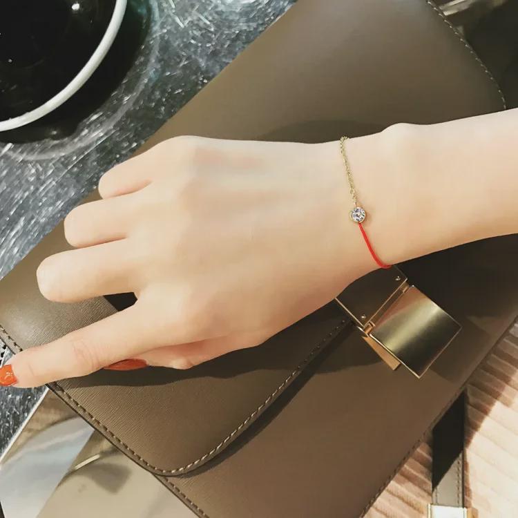 Korean Fashion 18K Rose Gold Zodiac Bracelet with Single Diamond & Red Rope Design for Women