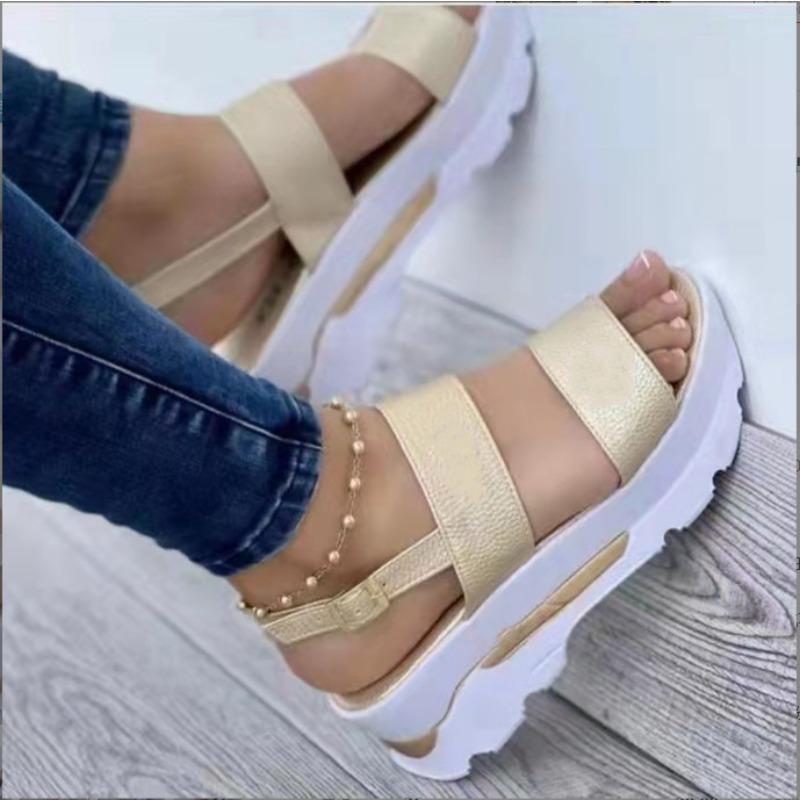 Summer New Large-size Women's Shoes Wide-sided One-word Buckle with Thick-soled Wedge Heel Fish Mouth Sandals Women