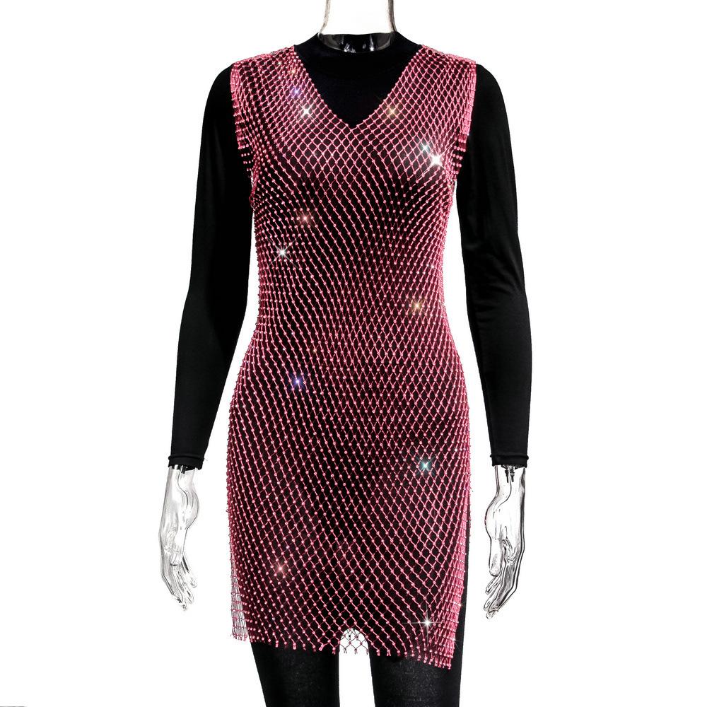 Women's Grid Flash Diamond Fishnet Dress Spice Girl Wind Dress Sex Dress