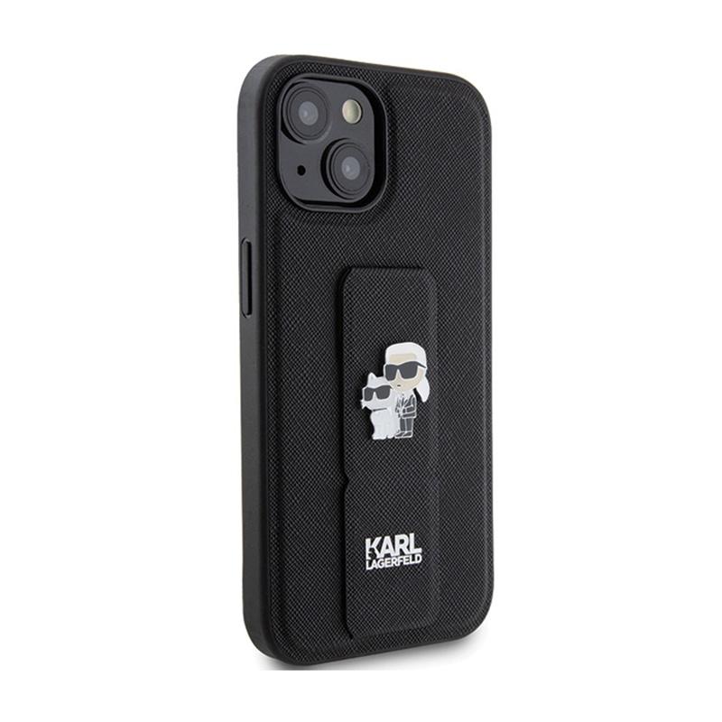 Karl Lagerfeld Gripstand Saffiano Karl & Choupette Pins - Etui Iphone 15 (Czarny)