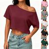Top Crop Casual Femei Decolteu Bardot Croială Largă Mânecă Scurtă Pulover Culoare Solidă Tricou de Vară Basic
