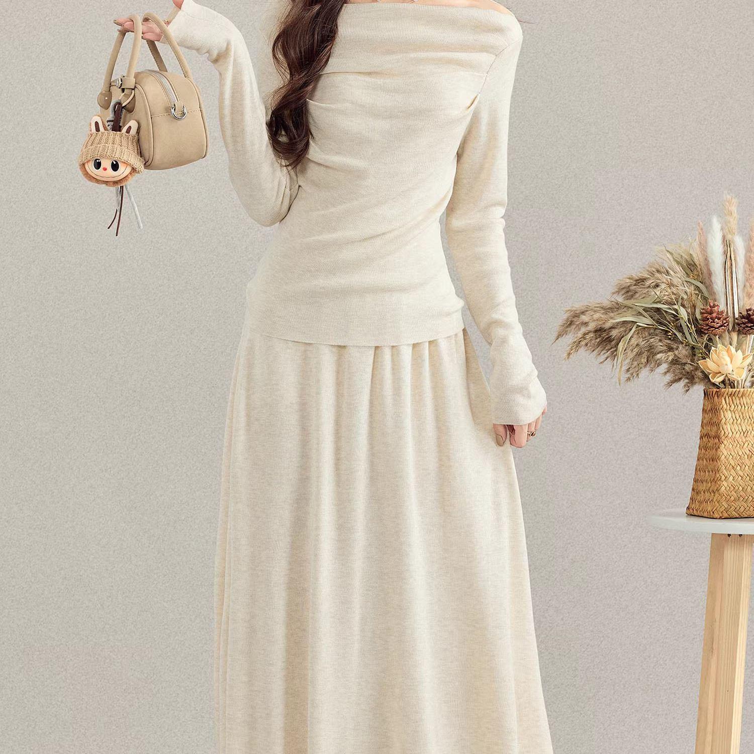 

Elegant French One-Shoulder Long-Sleeved Top & High-Waisted Draped Skirt Set for Spring and Autumn XL