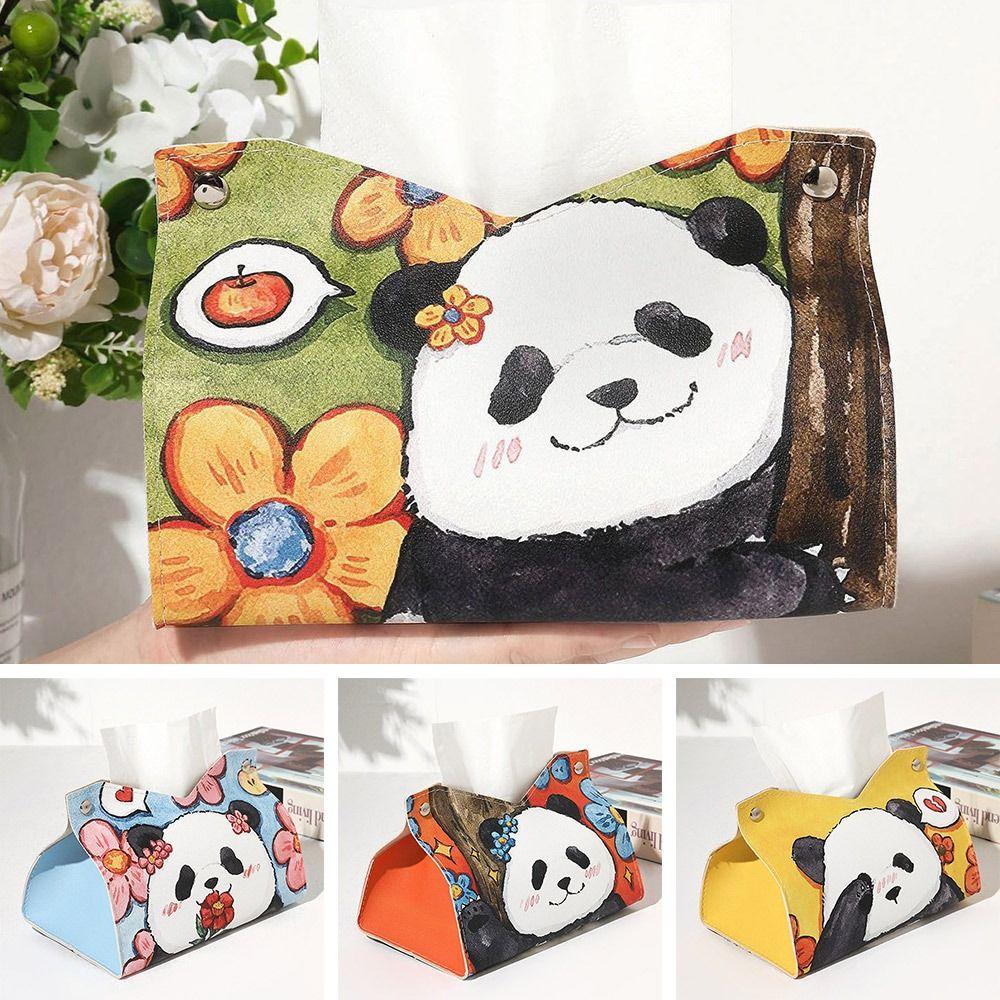 Bärbar Söt Panda Tryckt Servettdosa PU-läder Stor Kapacitet Servetthållare Slitstarkt Servettpappersfodral