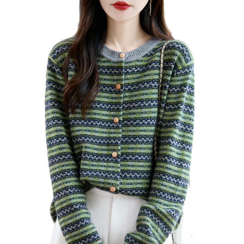 2025 Fall/Winter Women's Loose Knit Cardigan with Raccoon Fur Trim, Soft Color Block, Round Neck, Slimming Fit