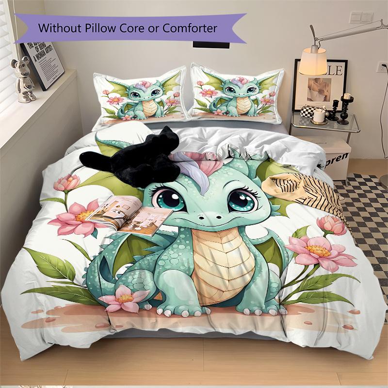 3pcs Green Cute Dragon Printed Duvet Cover Set (1 * Cover+2 * Pillowcase, Without Core), Suitable for Home Bedroom, Guest Room, Dormitory Decorat