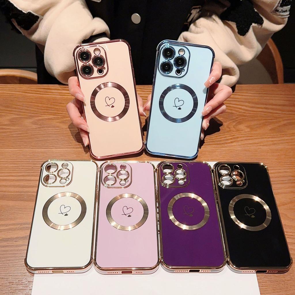 Applicable To iPhone17Promax Electroplating Double Love Mobile Phone Case Apple 16Pro Magnetic Anti-drop 15 Protective Case