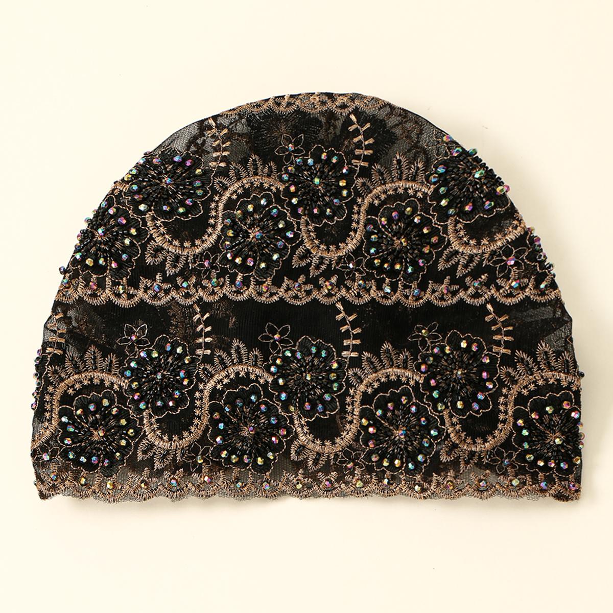 

Luxury Full Diamond Lace Cap Women Beautiful Pearls Beading Breathable Mesh Tube Caps Muslim Floral Embroidery Turban For Eid