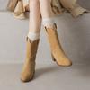 Krazing Pot Cow Suede Nubuck Winter Round Toe Modern Boots Med Heels Slip on Knitwear Women Mid-calf Boots