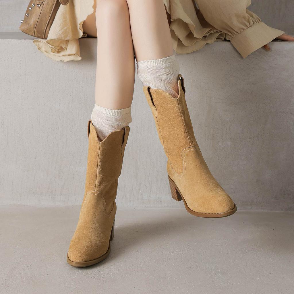 Krazing Pot Cow Suede Nubuck Winter Round Toe Modern Boots Med Heels Slip on Knitwear Women Mid-calf Boots