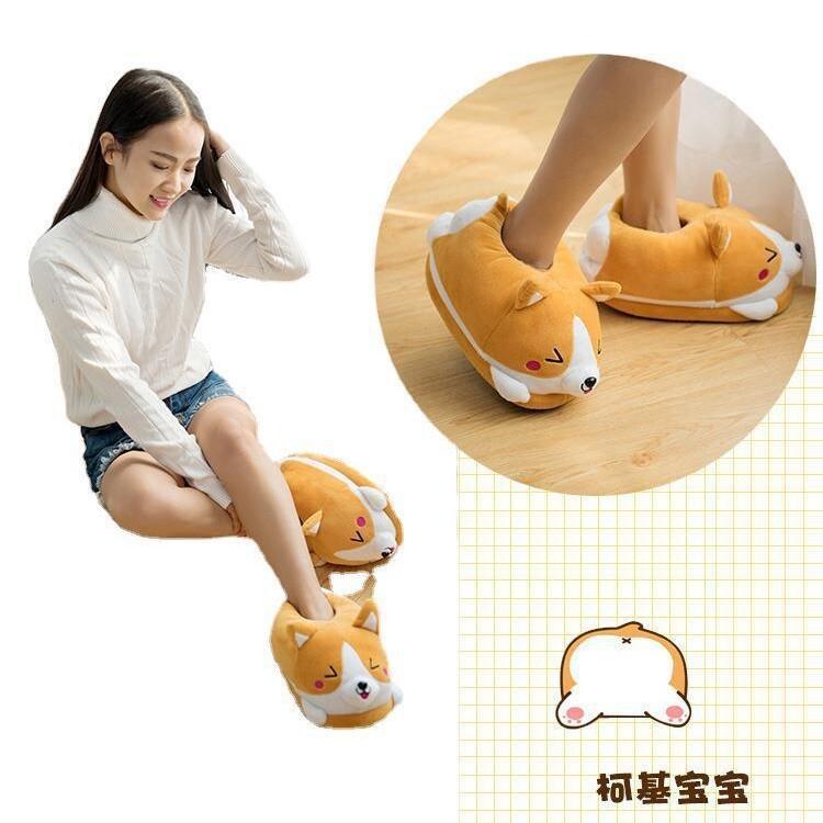 Cotton Shoes Cute Shiba Inu Flat Non- Warm Heel Cotton Slippers Cartoon Winter Home Slippers One Size оранжевый