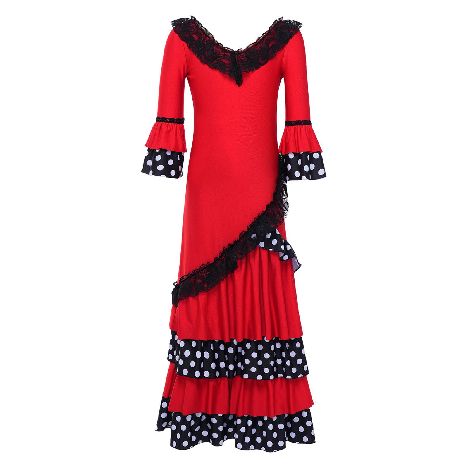 

Kids Girls Contrast Color Dots Tiered Ruffle Flamenco Dress Lace Trim V Neck 3/4 Sleeves Back Invisible Zipper for Stage Performance Competition красный