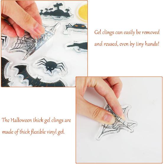 Halloween Thick Gel Clings for Window Glass Miror Decoration Scary Gel Clings Decals for Spooky Hunted House Spider Bat Witch Pumpkin Sticker Party