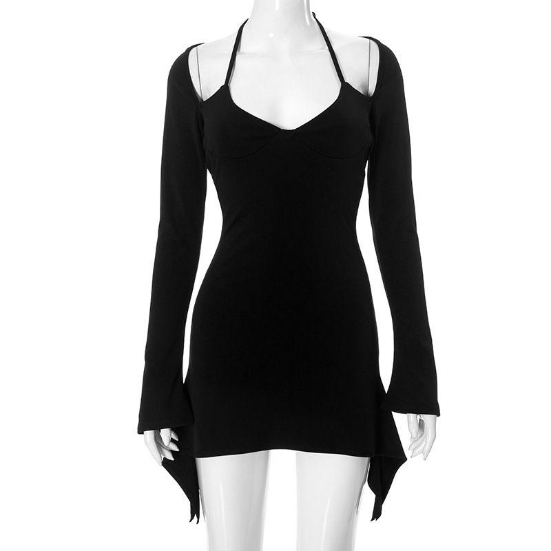 

European and American Sexy Silm Halterneck Long-Sleeved Open Back Sling Dress Short Skirt Sexy Strap Mini Dress Black M