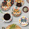 Retro Wooden Mandala Coasters Set Round Party Supplies Cat-Themed Cup Mat Heatproof Drink Pads for Bar, Office, Home Decor