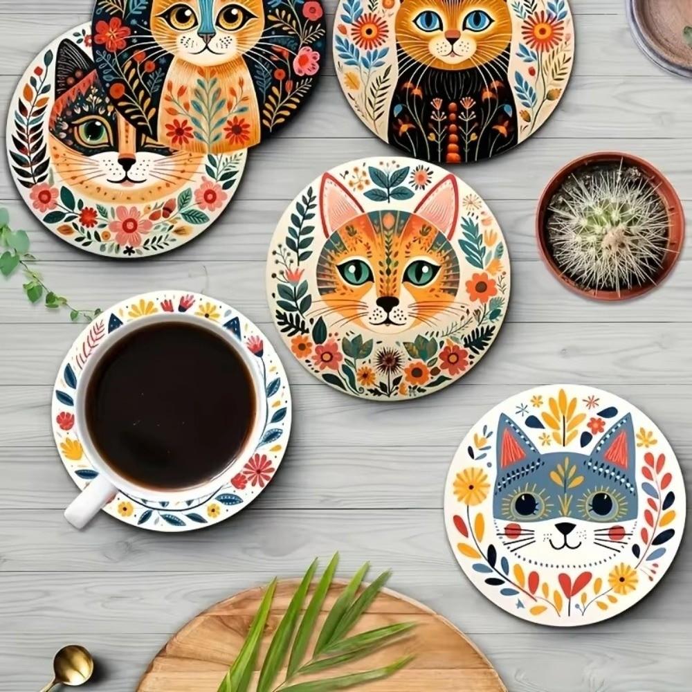 Retro Wooden Mandala Coasters Set Round Party Supplies Cat-Themed Cup Mat Heatproof Drink Pads for Bar, Office, Home Decor