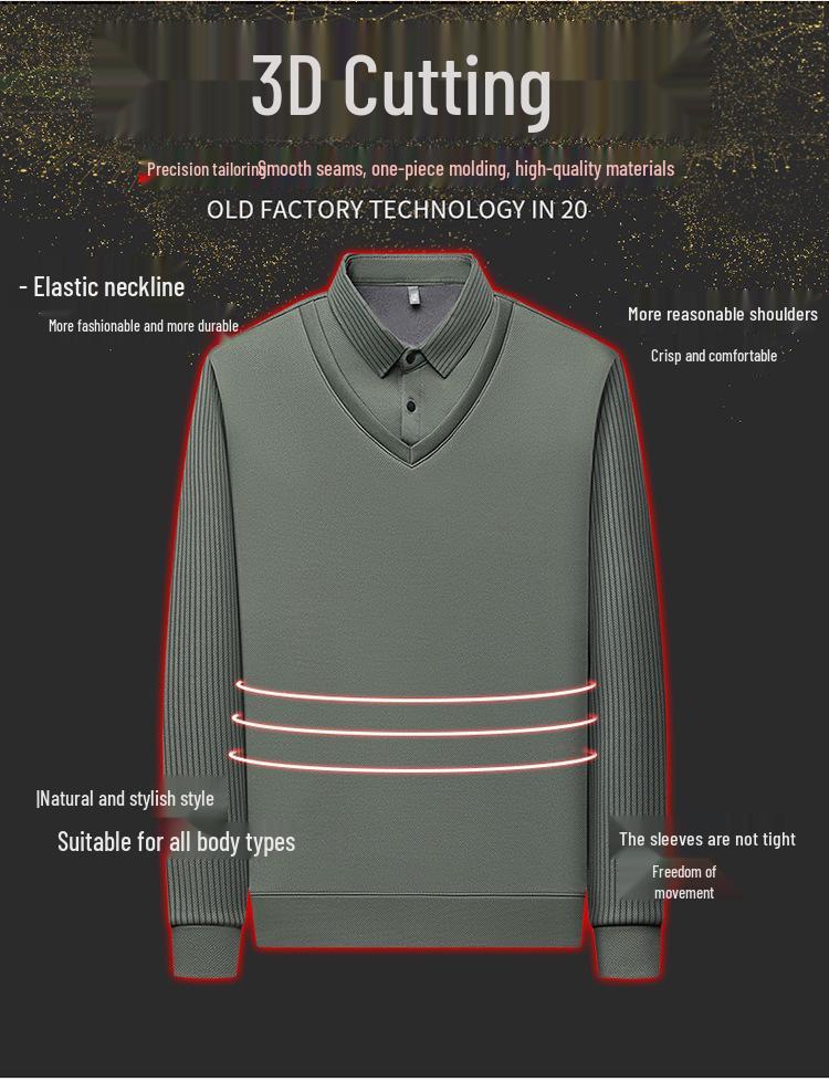 Winter Sale: Men's Fleece-Lined Two-in-One T-Shirt with Shirt Collar – Thick, Warm Base Layer
