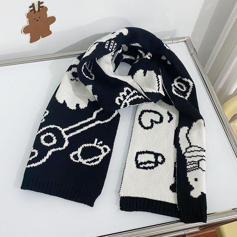 Japanese Double sided Color blocked Guitar Bear Knitted Scarf for Women in Winter Soft and Waxy Warm and Versatile Sweet Scarf for Students