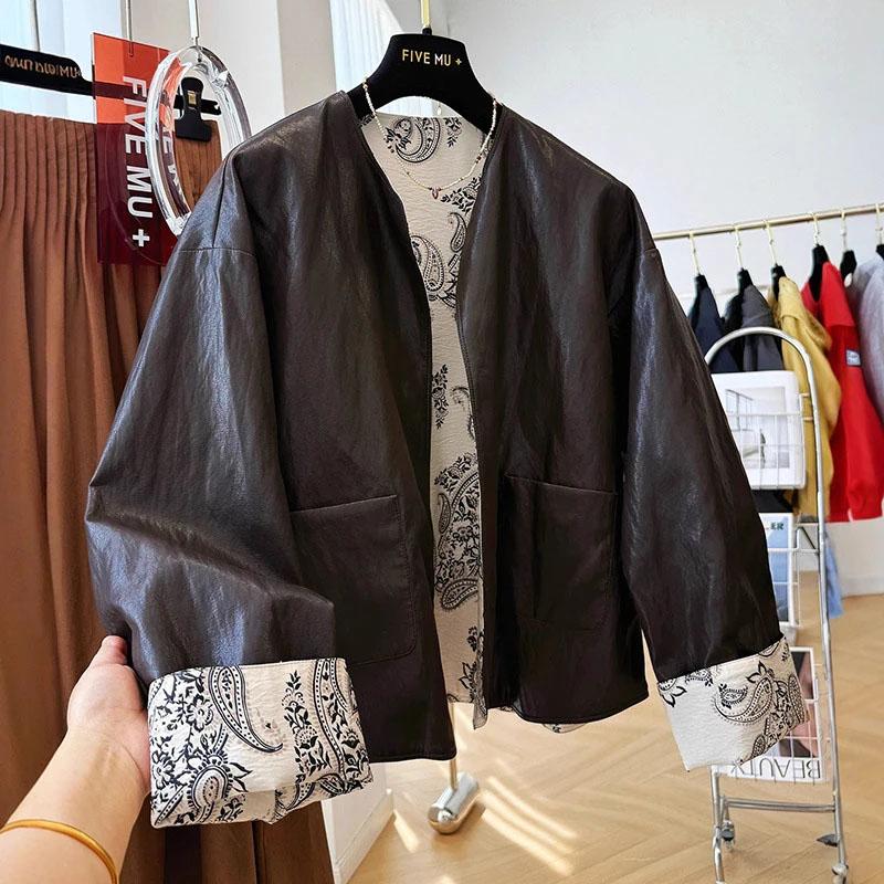 Leather Jacket for Women Winter Reversible Printed Thickened Oversized Windbreaker Loose Casual Coat Top