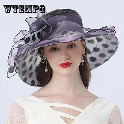Temperamentní puntíky Klobouk s velkou krempou Dámská Street Ležérní Klobouk na opalování Vintage Perlový květ Organza Plážový Klobouk Slunečník Ochranný kšilt kšiltovky Top Hat