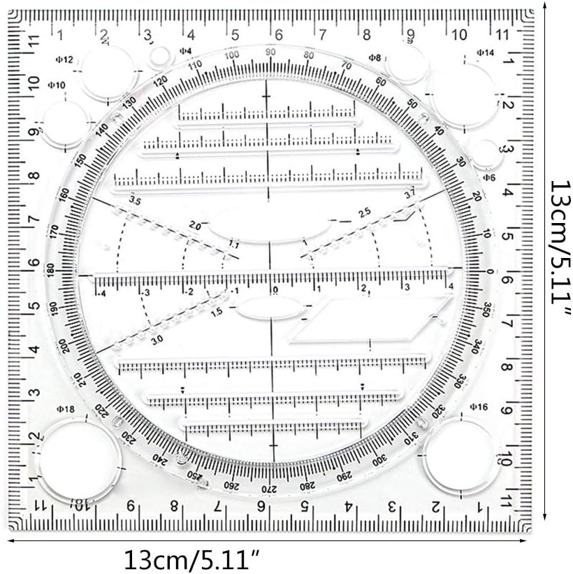 Multifunctional Drawing Ruler 360 Degree Angle and Circle Drawing Stencil Geometric Drawing Template Measuring Ruler