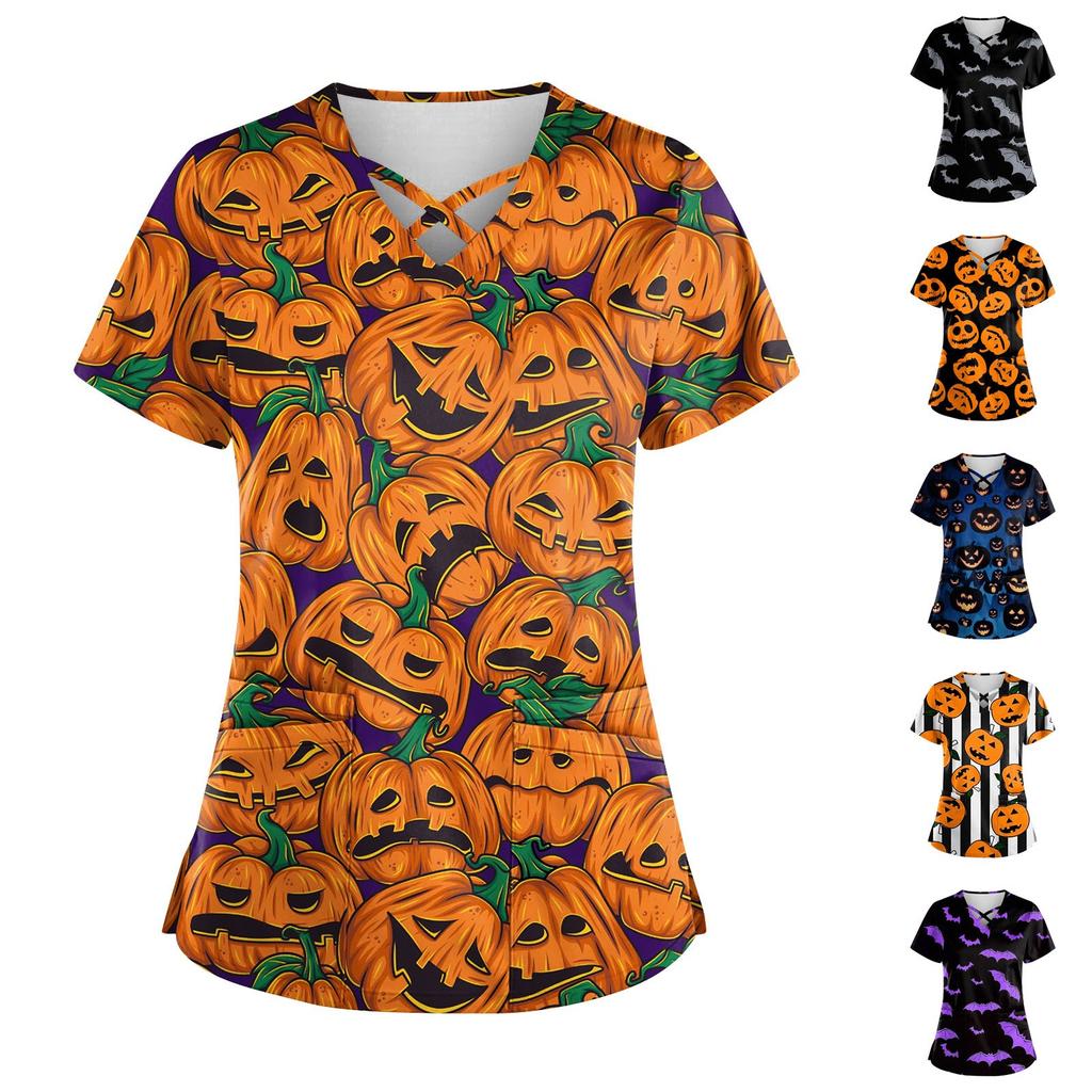 Women's Halloween Print V Neck Scrub Top with Pockets Short Sleeve Medical Uniform Shirt for Healthcare Professionals Nursing Staff
