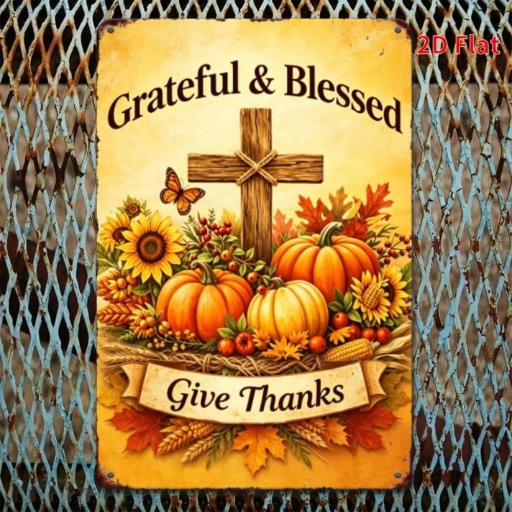 1pc Thanksgiving Metal Sign Autumn Pumpkin Cross Wall Decor Iron Plate 11.81x7.87in