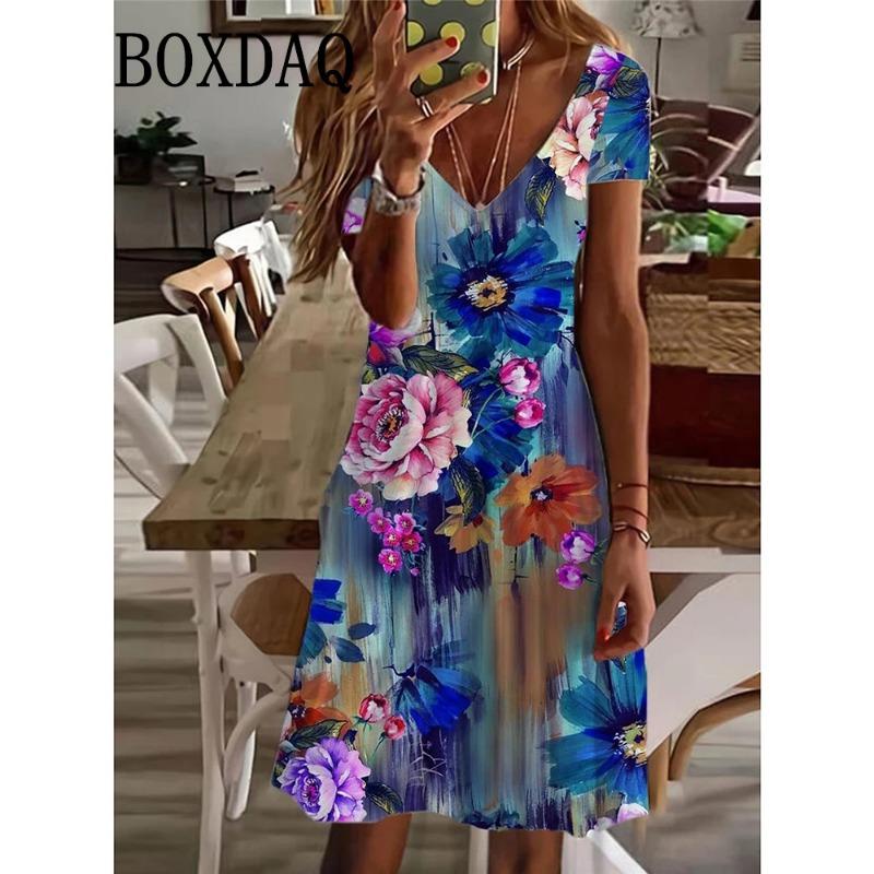 Women's Casual Dress Summer Plant Floral Print V Neck Midi Dress Vintage Daily Short Sleeve Loose Plus Size Dresses 6XL Sundress