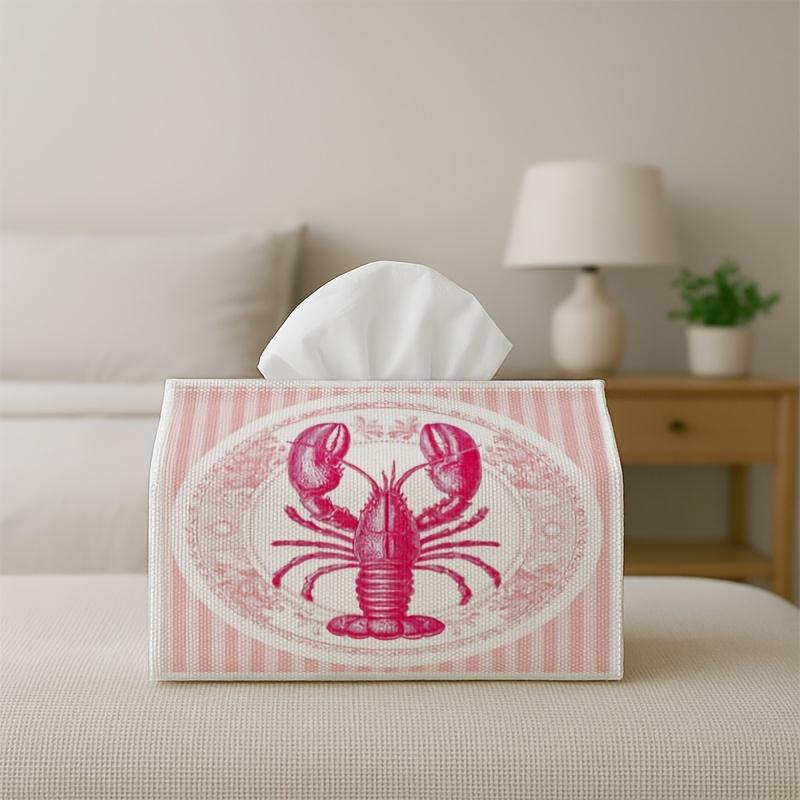 2D Flat,1pc Nautical Vintage Graphic - Tissue Box, Lobster Stripe Emblem - Rectangle Design, for Living Room, Car, and Desktop Storage, Very Suitable