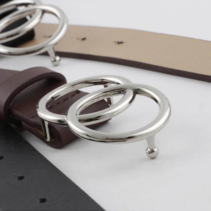 Silver Gold Double Ring Belts for Jeans Women Girls Fashion Waist Belt PU Metal Buckle Belt Leisure Dress Jeans Wild Waistband