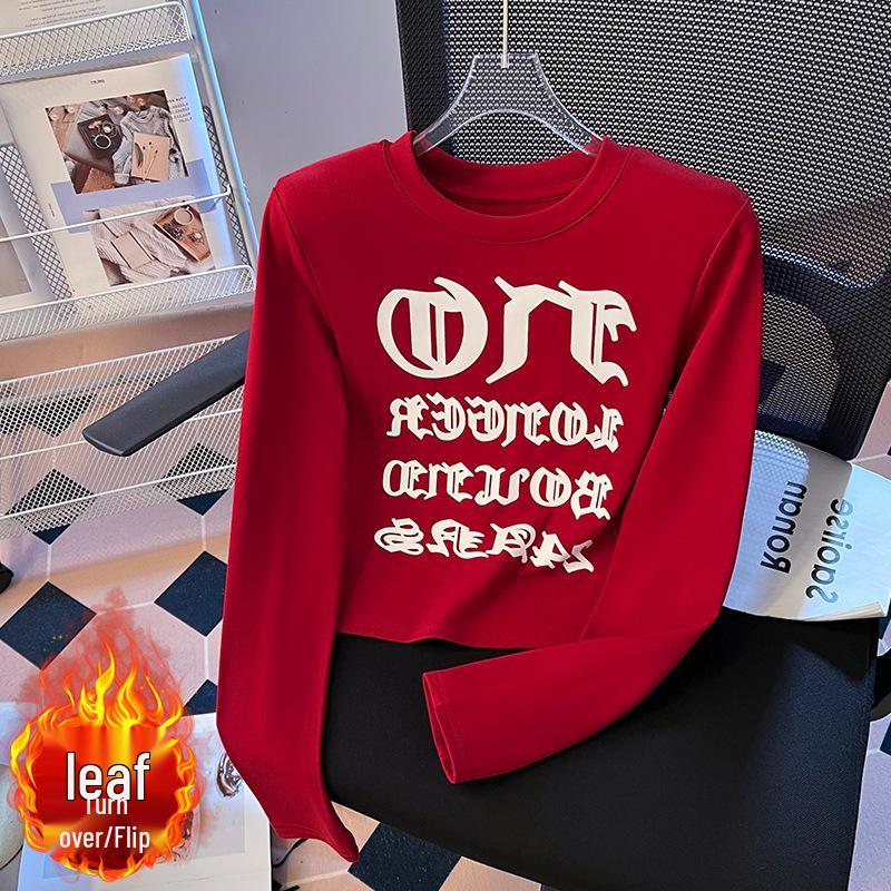 2025 European Style Round Neck Brushed Pullover - Long Sleeve Versatile Base Layer Small красный