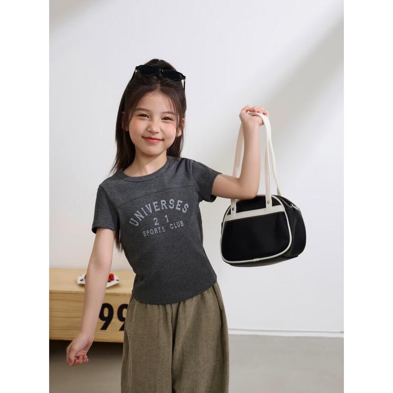 Girls' 2026 Summer Chic Letter Elastic Short Sleeve T-Shirt