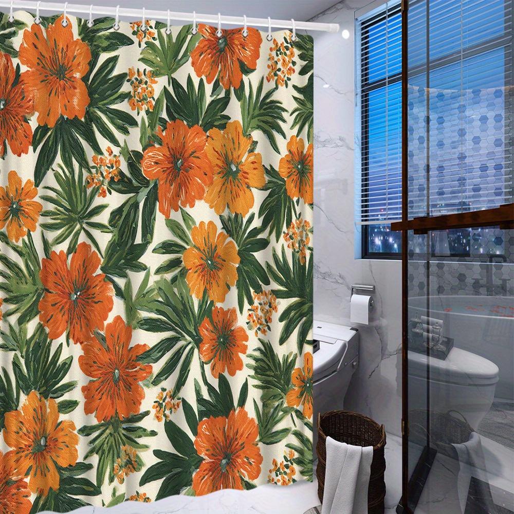 1pc Bright Orange Hibiscus Shower Curtain-Large Flowers and Green Leaves On a Cream Background Polyester Fabric Machine Washable
