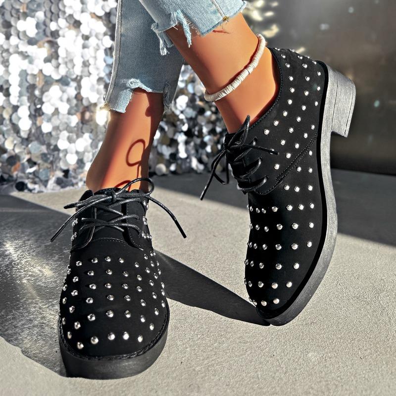 Women's Low Heel Lace-Up Flats with Metal Studs, Casual Slip-On Fashion Shoes, Plus Size Footwear