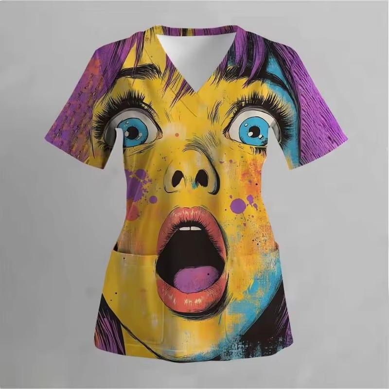 Dámské pracovní uniformy s potiskem roztomilých dinosaurů, trička s výstřihem do V a kapsami, zubní lékař, veterinář, zdravotní sestra, chirurgické uniformy, ošetřovatelství