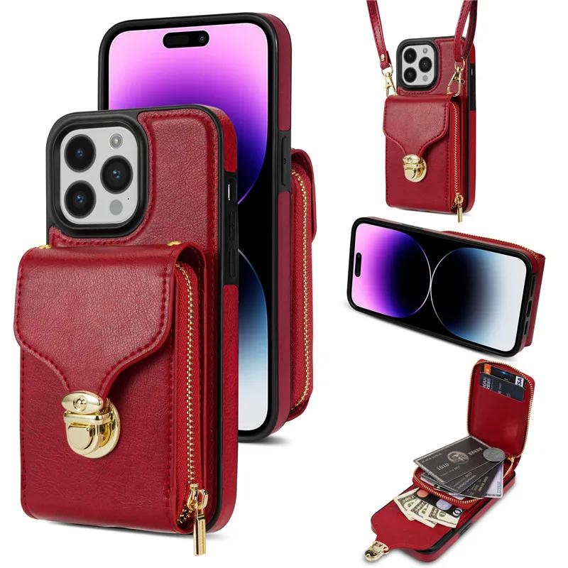 Crossbody Lanyard Leather Zipper Wallet Phone Case for iPhone 17 Air 16E 16 Pro Max 15 Plus 14 13 12 11 XS XR X Flip Stand Cover