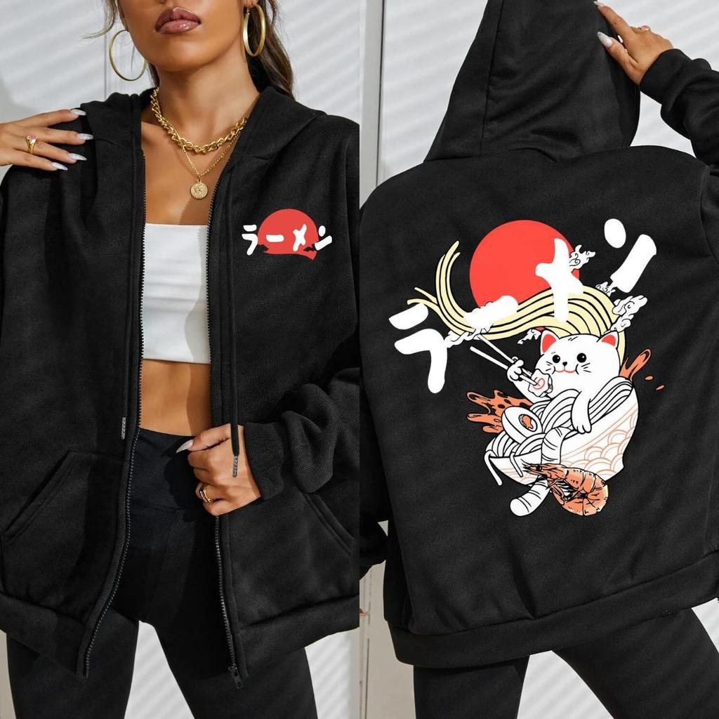 Japanese Delicious Noodle Cat Prints Zipper Hoodie Women Street Fleece Hoody Fashion Sportswears Autumn Loose Sportswear